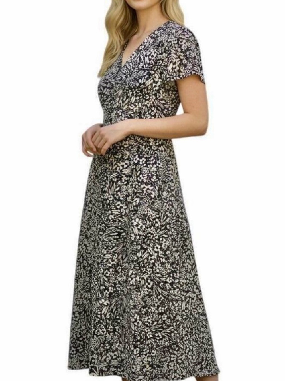Talbots Black & Ivory Floral V-Neck Maxi Dress
